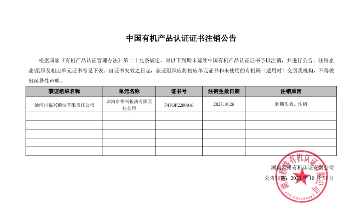 湖南欧格2023年10月证书注销公告(图1)
