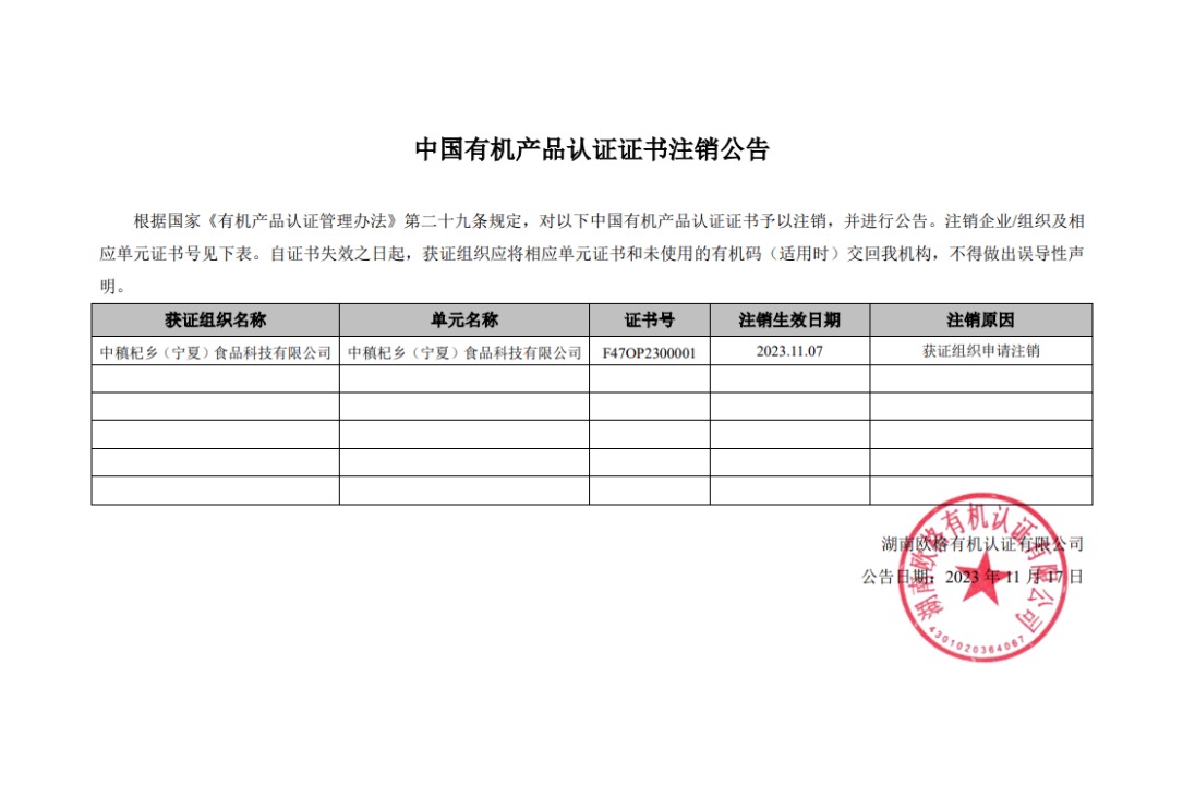 湖南欧格2023年11月证书注销公告(图1)