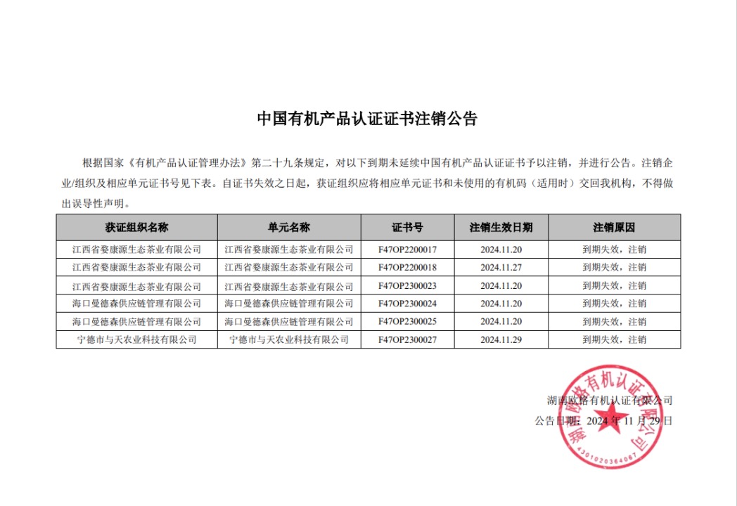 湖南欧格2024年11月证书注销公告(图1)